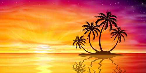 Beautiful island with sunset landscape vector 02 sunset landscape island beautiful   