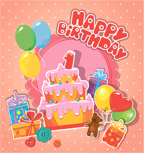 Baby birthday card with cake vector material 01 card cake birthday baby   