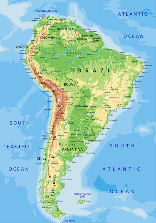 South America physical map vector graphics south physical map America   