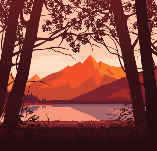 River with forest and mountains scenery vector 03 scenery river mountains forest   