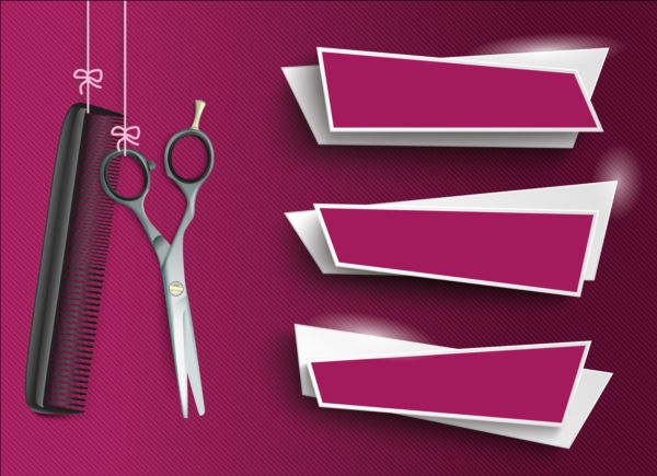 Scissors comb with purple abstract banners vector scissors purple comb banners abstract   