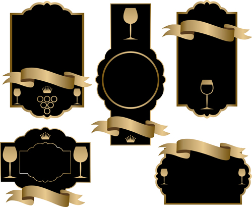 Black wine lables with golden ribbon vector design 02 wine ribbon lables golden black   