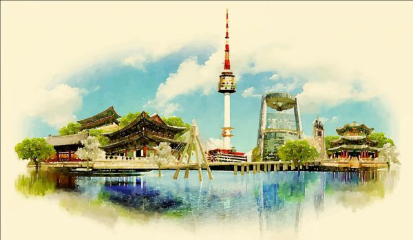 Watercolor seoul pano vector watercolor seoul pano   