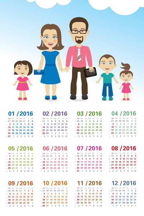 Calendar 2016 with family vector design 01 family calendar 2016   