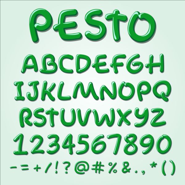 Pesto alphabet with numbers and sign vector Pesto numbers alphabet   