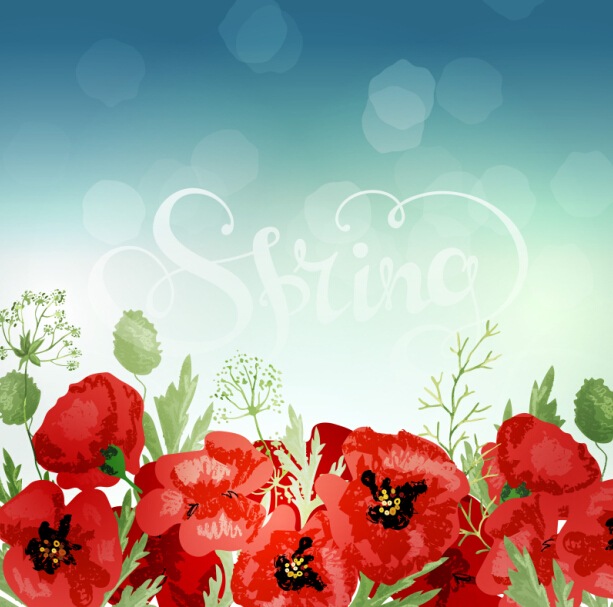 Red poppies with spring background vector 05 spring red poppies background   