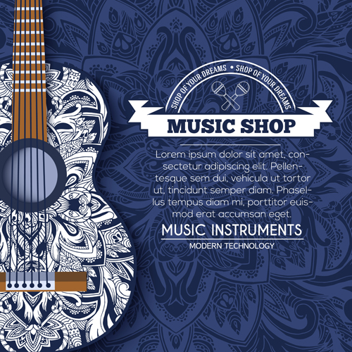 Musical instruments with blue floral background vector musical instruments floral blue background   