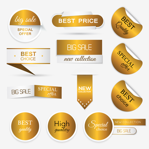 Golden sticker with badge and banners vector sticker golden banners badge   