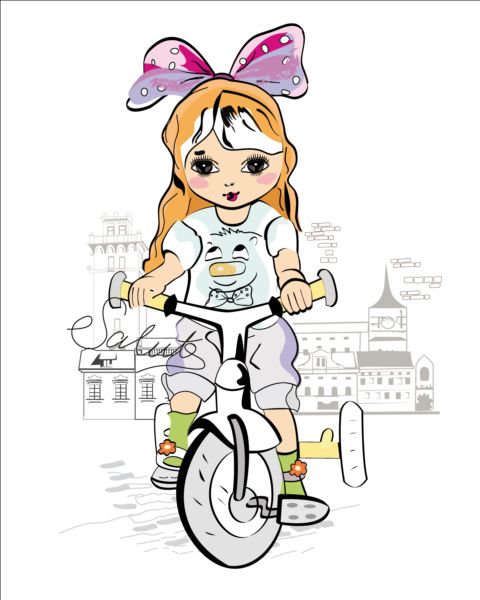 Girl bicycle with town vector town girl bicycle   