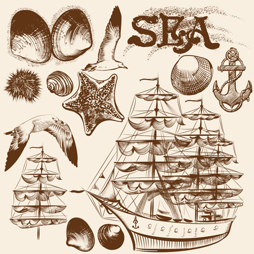 Ships boads with sea hand drawn vector 02 ships sea hand drawn boads   