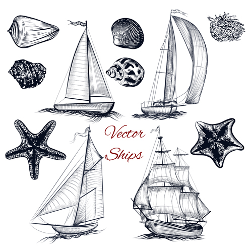 Ships boads with sea hand drawn vector 01 ships sea hand drawn boads   