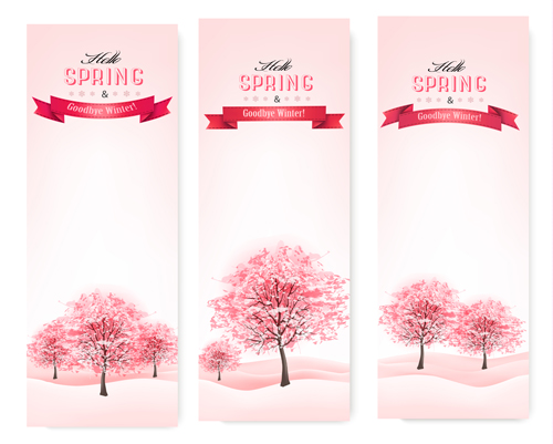 Spring banners with pink tree vector tree spring pink banners   