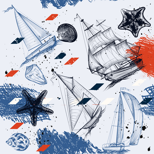 Seamless pattern with ships hand drawn vector 02 ships seamless pattern hand drawn   