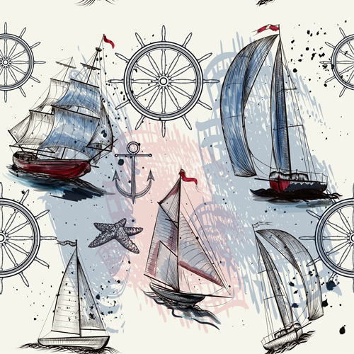 Seamless pattern with ships hand drawn vector 01 ships seamless pattern hand drawn   