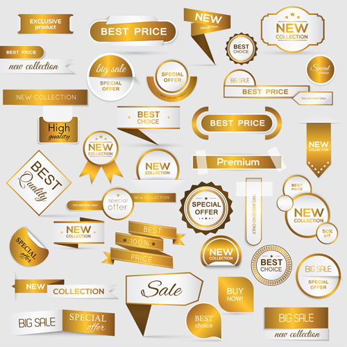 Golden banners with labels and sticker badge vector 01 sticker labels golden banners badge   