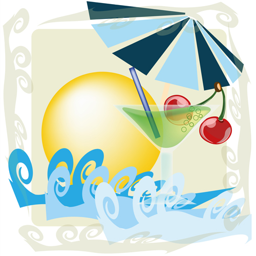 Cocktail with summer sea and beach vector background 01 summer cocktail beach background   