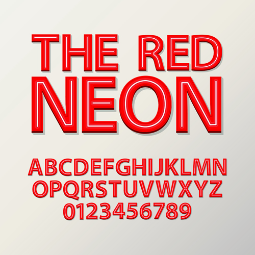 Red neon alphabet with number design vector number neon alphabet   