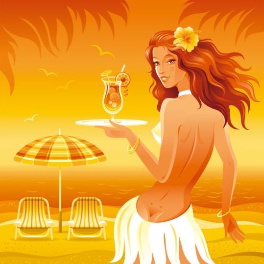 Beautiful girl with summer beach vector 02 summer girl beautiful beach   