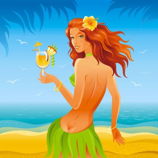 Beautiful girl with summer beach vector 01 summer girl beautiful beach   