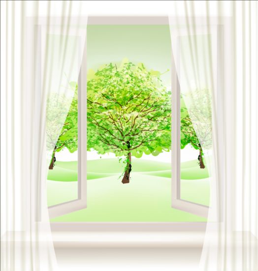 Summer nature background with open window and green trees vector window summer open nature green background   