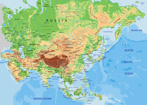 Asia physical map vector graphics physical map graphics Asia   