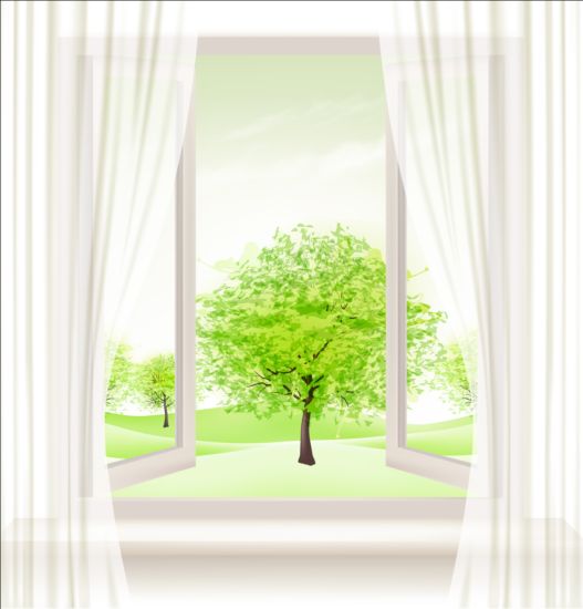 Summer windows and green trees vector background windows trees summer green background   