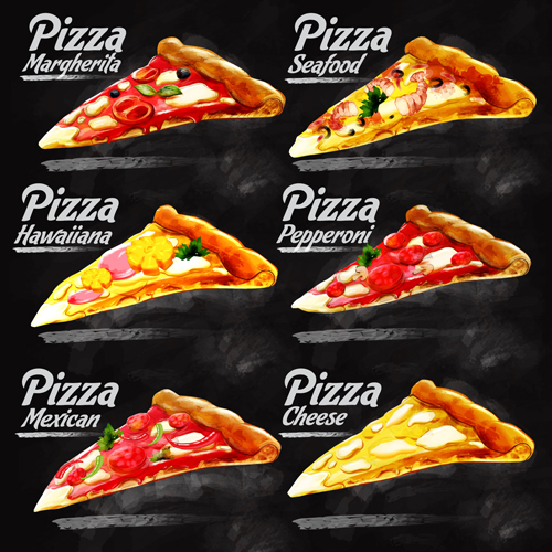 Different pizza with blackboard background vector pizza different blackboard background   