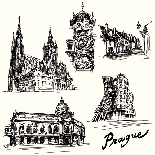 Hand drawn prague building vector Prague hand drawn building   