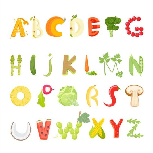 Fruits with vegetable alphabet vector vegetable fruits alphabet   