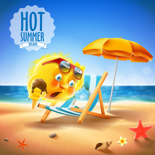 Hot summer holiday background with funny sun vector 01 summer hot holiday background   