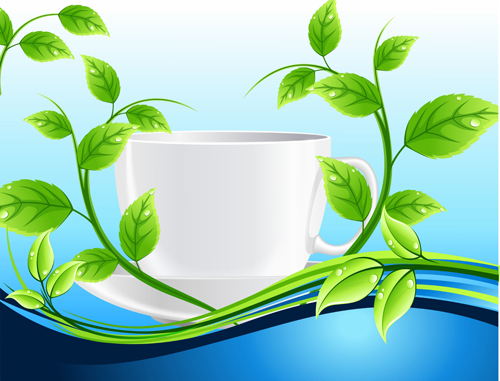 Shiny cup and green leaves vector background 01 green leaves cup   