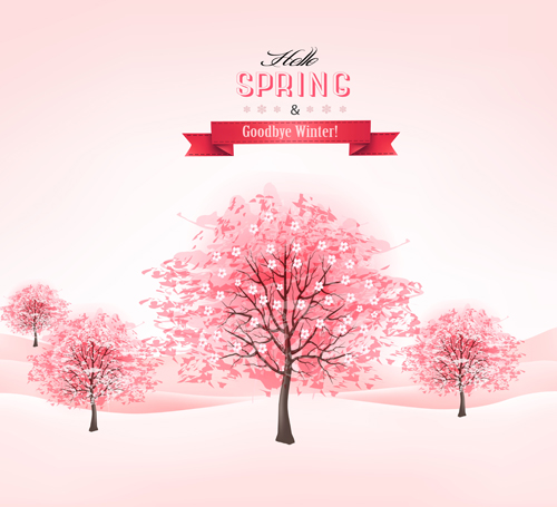 Pink tree with spring background vector 03 tree spring pink background   