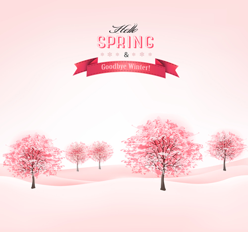 Pink tree with spring background vector 02 tree spring pink background   