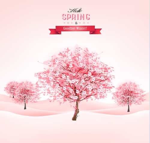 Pink tree with spring background vector 01 tree spring pink background   