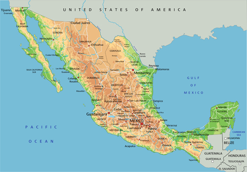 Mexico physical map vector graphics physical Mexico map   