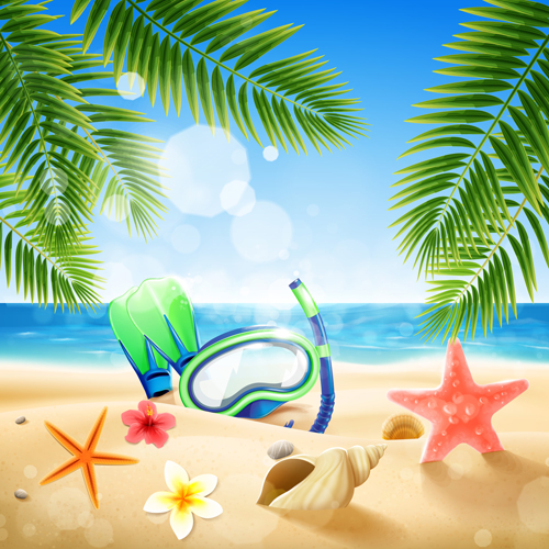 Shell with flower summer beach background vector 05 summer shell flower beach background   