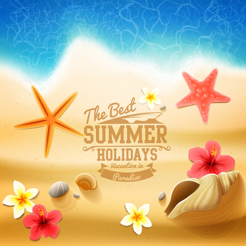 Shell with flower summer beach background vector 03 summer shell flower beach background   