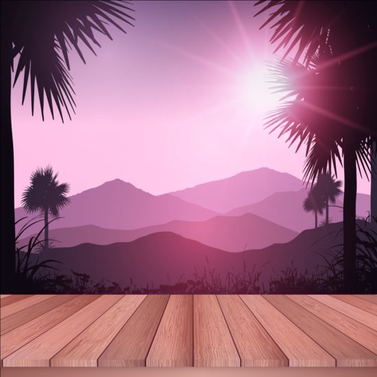 Wooden deck with tropical landscape background vector wooden tropical landscape deck background   