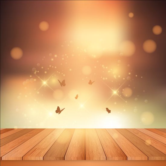 Wooden deck and sunset with butterflies vector background wooden sunset deck butterflies background   