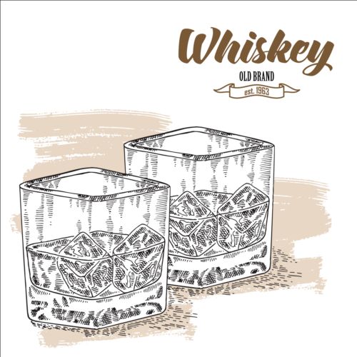 Whiskey with glass cup hand drawn vector 02 whiskey hand glass drawn   