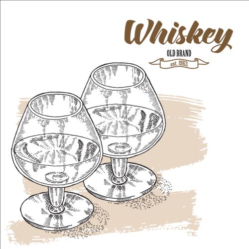 Whiskey with glass cup hand drawn vector 01 whiskey hand glass drawn   