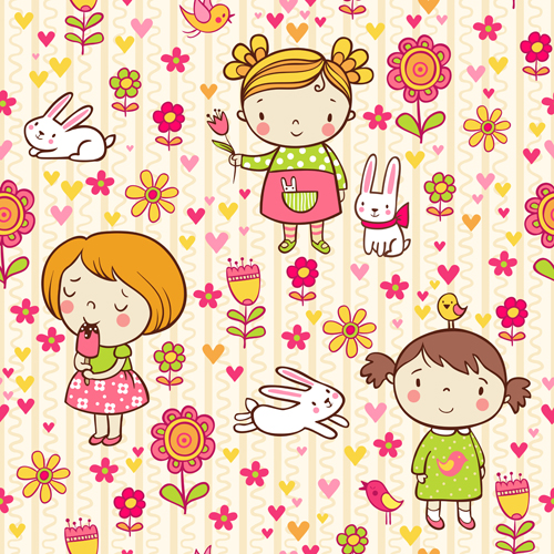 Cartoon kids with floral seamless pattern vector 01 seamless pattern vector pattern kids cartoon   