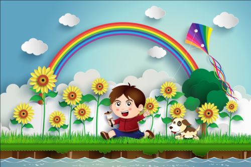 Sunflower and boy with rainbow vector sunflower rainbow boy   