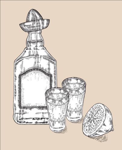 Tequila with Bottle and glasses hand drawn vector 03 Tequila hand glasses drawn bottle   