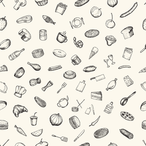 Hand drawn kitchen elements vector seamless pattern seamless restaurant kitchen hand drawn   