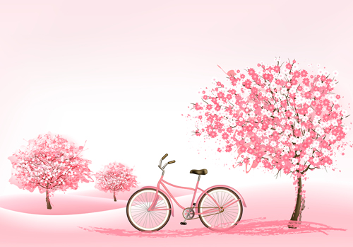 Pink tree with bike spring background vector 01 tree spring pink bike   