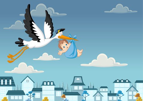 Baby with stork baby card vector 04 stork card baby   