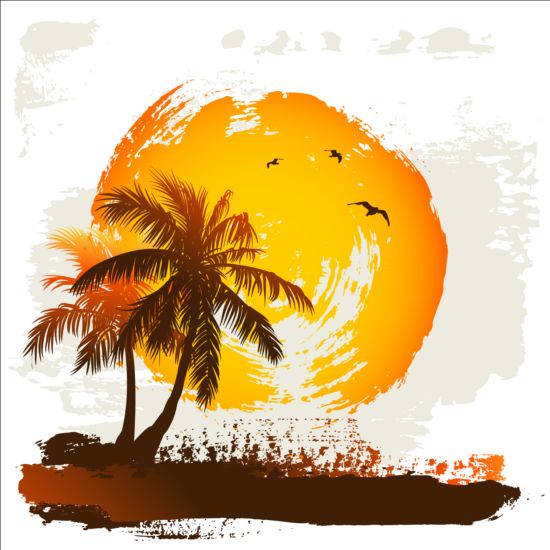 Tropical summer palm with grunge background vector 04 tropical summer Palm grunge background   