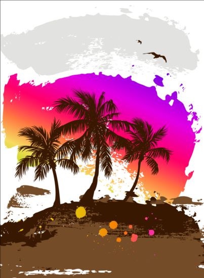 Tropical summer palm with grunge background vector 03 tropical summer Palm grunge background   