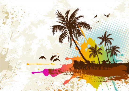 Tropical summer palm with grunge background vector 02 tropical summer Palm grunge background   